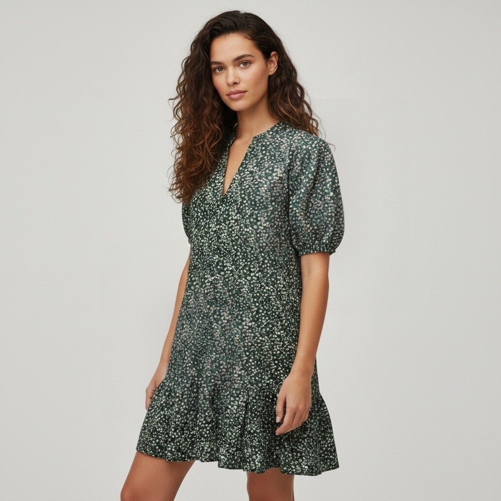 J.Crew Liberty Fabric Green Floral Daisy Tiered Shift Dress XST Short Sleeve
